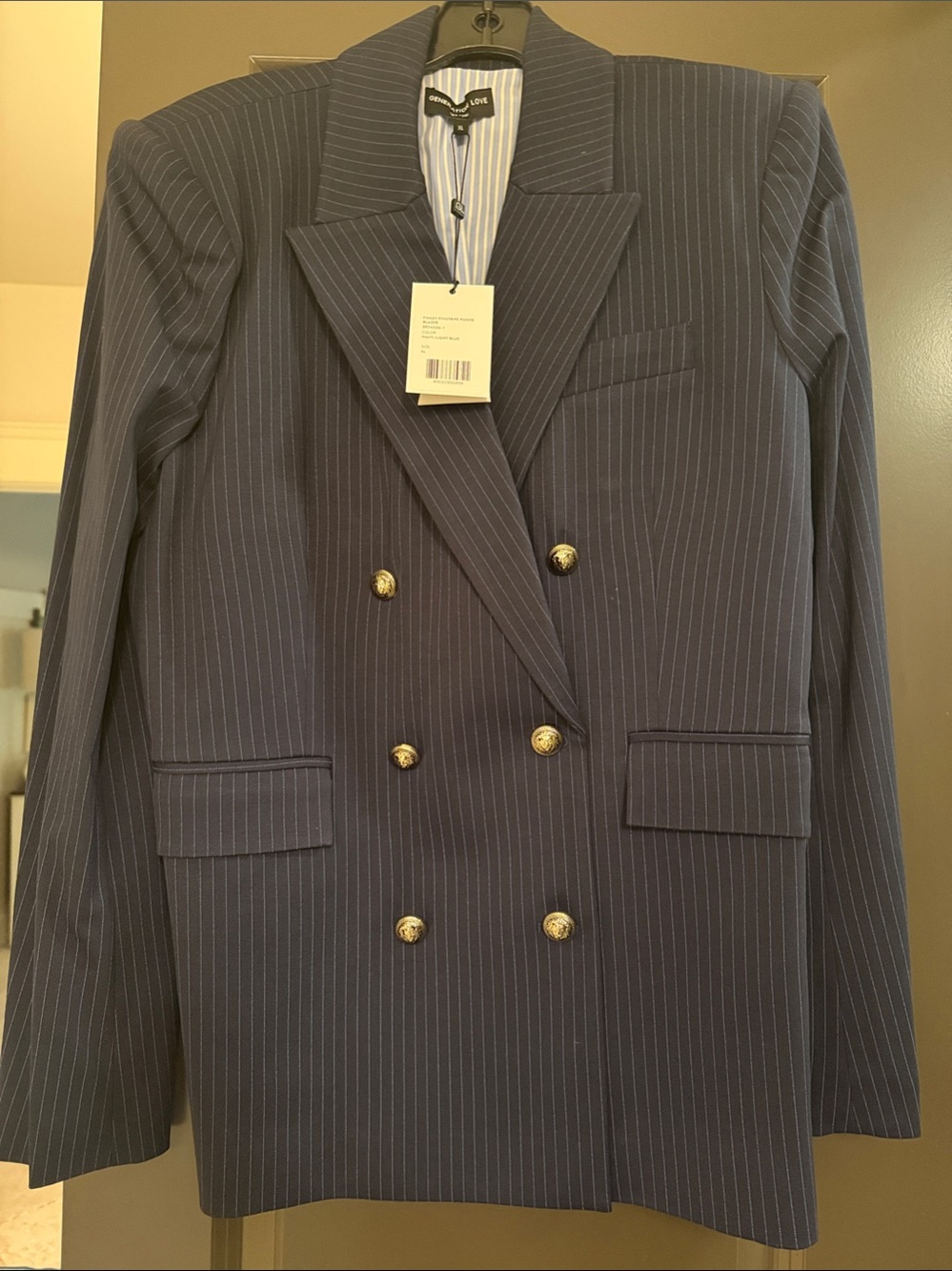 Generation Love Navy Pinstripe Double-Breasted Blazer with Gold Buttons